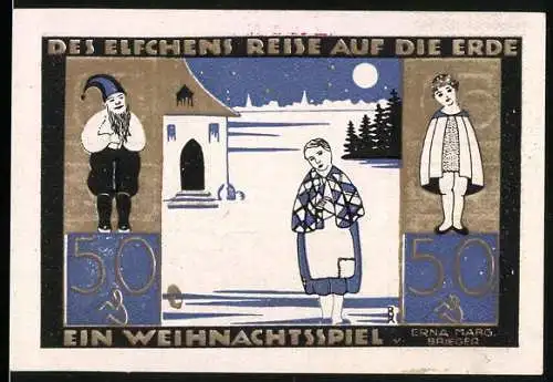 Notgeld Langeln 1921, 50 Pfennig, Des Elfchens Reise auf die Erde, Weihnachtsmotiv mit Kirche und Dorfbewohnern