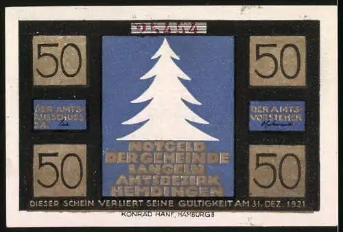 Notgeld Langeln 1921, 50 Pfennig, Des Elfchens Reise auf die Erde, Weihnachtsmotiv mit Kirche und Dorfbewohnern