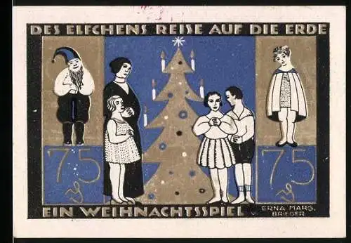 Notgeld Langeln 1921, 75 Pfennig, Des Elfchens Reise auf die Erde, Weihnachtsbaum und Figuren