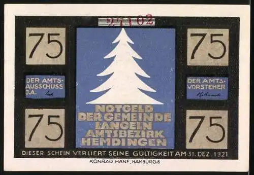 Notgeld Langeln 1921, 75 Pfennig, Des Elfchens Reise auf die Erde, Weihnachtsbaum und Figuren