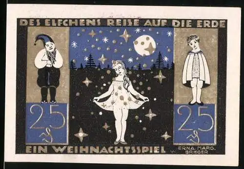 Notgeld Langeln 1921, 25 Pfennig, Des Elfchens Reise auf die Erde, ein Weihnachtsspiel, Rückseite mit Weihnachtsbaum