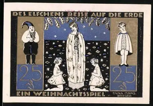 Notgeld Langeln 1921, 25 Pfennig, Weihnachtsmotiv mit Elfen und Christbaum