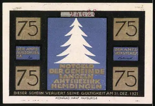 Notgeld Langeln 1921, 75 Pfennig, Weihnachtsmotiv Des Elfchens Reise auf die Erde und Tannenbaum