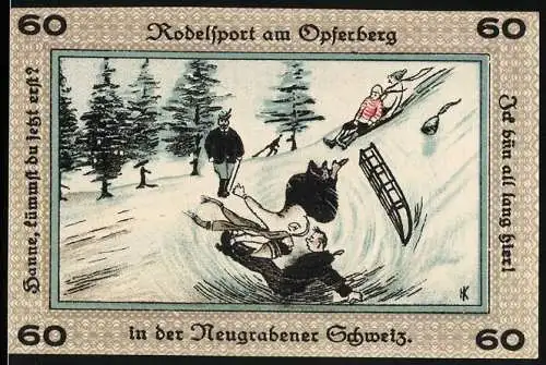 Notgeld Neugraben-Hausbruch, 1921, 60 Pfennig, Rodelsport am Opferberg in der Neugrabener Schweiz