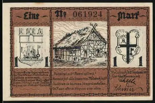 Notgeld Medebach, 1 Mark, Fachwerkhaus und Wappen, Kampfszene und Stadtansicht