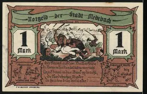 Notgeld Medebach, 1 Mark, Fachwerkhaus und Wappen, Kampfszene und Stadtansicht