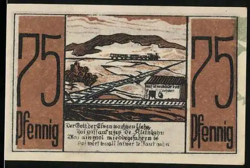 Notgeld Medebach, 1921, 75 Pfennig, Bahngleise und Stadtwappen im Landschaftsmotiv