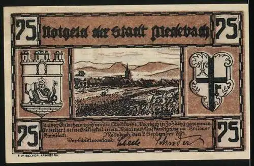 Notgeld Medebach, 1921, 75 Pfennig, Bahngleise und Stadtwappen im Landschaftsmotiv