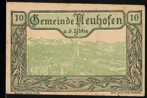 Notgeld Neuhofen an der Ybbs, 1920, 10 Heller, Gutschein der Gemeinde mit Landschaftsbild