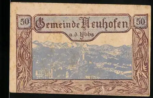 Notgeld Neuhofen an der Ybbs, 1920, 50 Heller, Gutschein der Gemeinde Neuhofen a.d. Ybbs, Landschaftsbild und Text