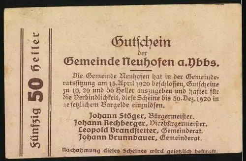 Notgeld Neuhofen an der Ybbs, 1920, 50 Heller, Gutschein der Gemeinde Neuhofen a.d. Ybbs, Landschaftsbild und Text