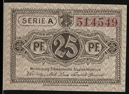 Notgeld Schwerin 1922, 25 Pf., Serie A, Nr. 514549, gültig bis 1. Mai 1922