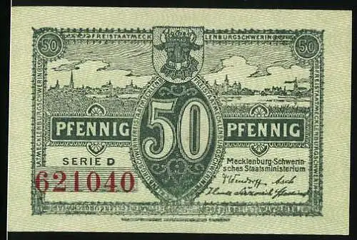 Notgeld Schwerin, 1922, 50 Pfennig, Serie D, rote Seriennummer, Rückseite Gültigkeitstext