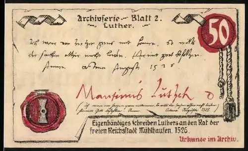 Notgeld Mühlhausen, 1921, 50 Pfennig, Archivserie Blatt 2 Luther, Einlösbar bis 31. Oktober 1921