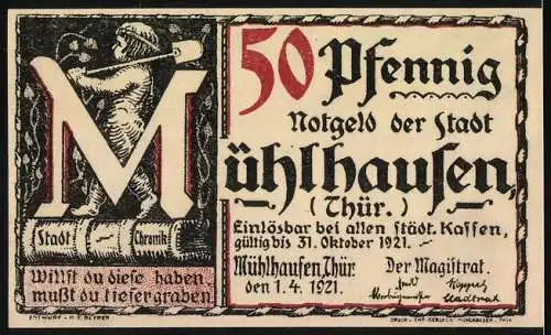 Notgeld Mühlhausen, 1921, 50 Pfennig, Archivserie Blatt 2 Luther, Einlösbar bis 31. Oktober 1921