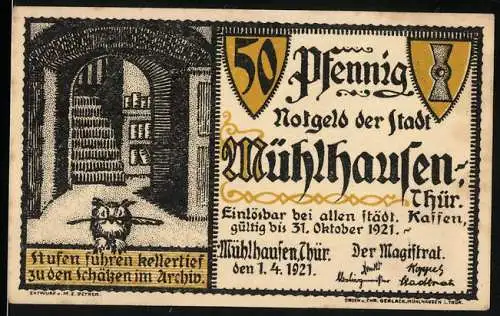 Notgeld Mühlhausen 1921, 50 Pfennig, Stufen führen kellertief zu den Schätzen im Archiv