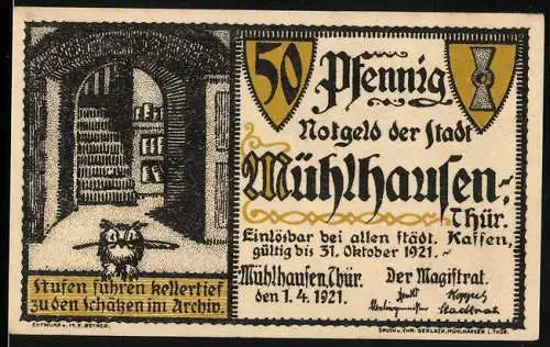 Notgeld Mühlhausen 1921, 50 Pfennig, Historische Gebäude und Archivszene, Herzog Albrecht Wallenstein