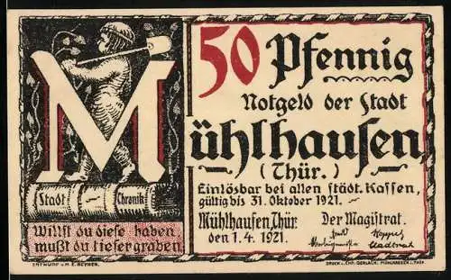 Notgeld Mühlhausen 1921, 50 Pfennig, Arbeiter mit Hammer und Stadtchronik, Bach Archivserie Blatt 4