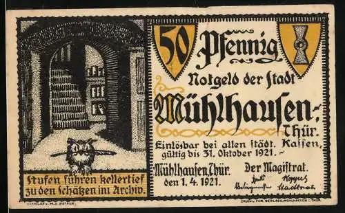 Notgeld Mühlhausen 1921, 50 Pfennig, Abbildung eines Kellers und Schriftzug von Tilly