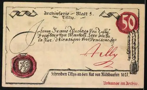 Notgeld Mühlhausen 1921, 50 Pfennig, Abbildung eines Kellers und Schriftzug von Tilly