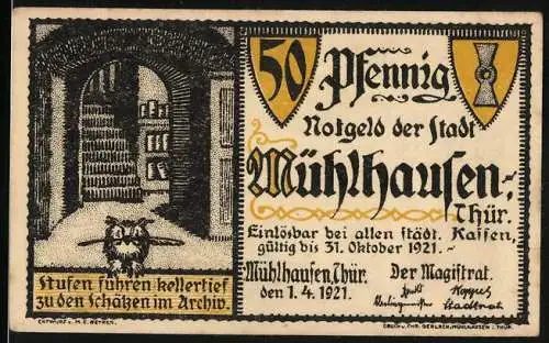 Notgeld Mühlhausen 1921, 50 Pfennig, Archiv und Schutzbrief Wallensteins 1625