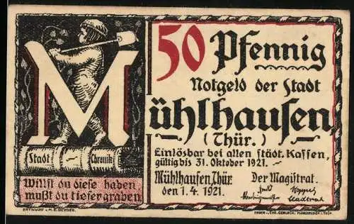 Notgeld Mühlhausen 1921, 50 Pfennig, Arbeiter mit Hammer und Luther-Schreiben