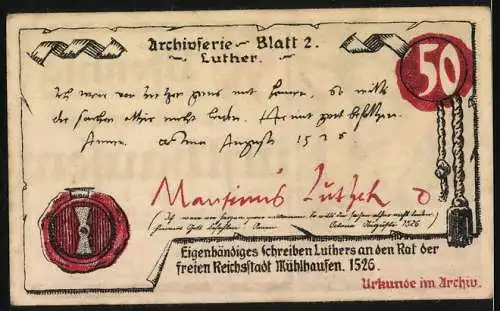 Notgeld Mühlhausen 1921, 50 Pfennig, Arbeiter mit Hammer und Luther-Schreiben