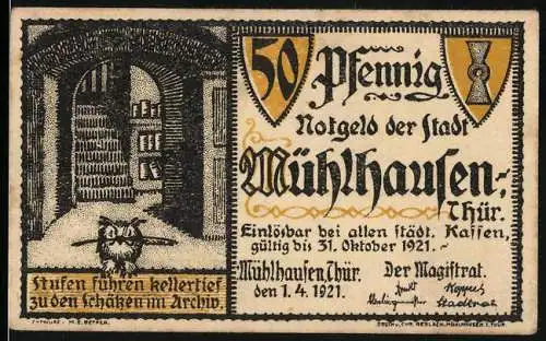 Notgeld Mühlhausen 1921, 50 Pfennig, Einlösbar bis 31. Oktober 1921, Archivserie Blatt 1 Karl V