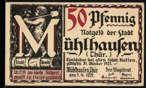 Notgeld Mühlhausen (Thür), 1921, 50 Pfennig, Einlösbar bis 31. Oktober 1921, Rückseite mit Bach Urkunde 1708