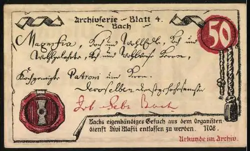 Notgeld Mühlhausen (Thür), 1921, 50 Pfennig, Einlösbar bis 31. Oktober 1921, Rückseite mit Bach Urkunde 1708