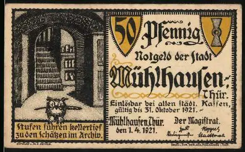 Notgeld Mühlhausen 1921, 50 Pfennig, Einlösbar bei allen städtischen Kassen, historisches Stadtarchiv Motiv