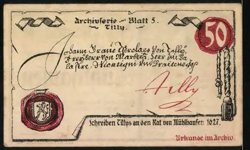 Notgeld Mühlhausen 1921, 50 Pfennig, Einlösbar bei allen städtischen Kassen, historisches Stadtarchiv Motiv