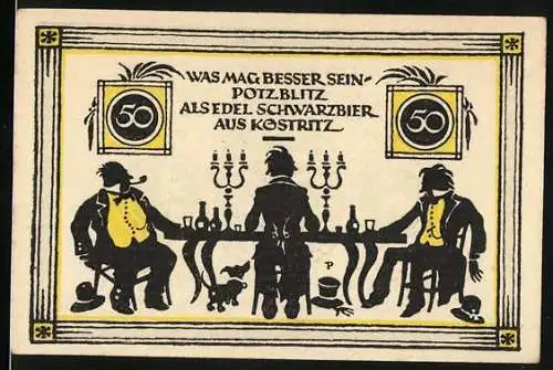 Notgeld Köstritz, 1921, 50 Pfennig, Drei Männer an einem Tisch mit Schwarzbier