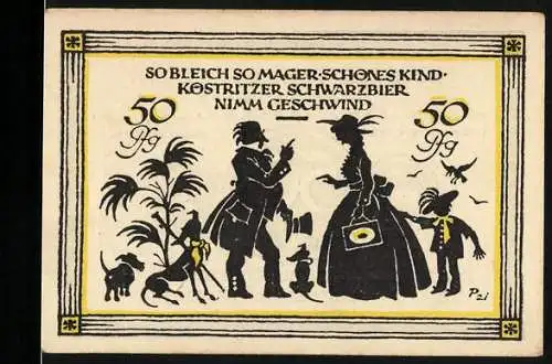 Notgeld Köstritz, 1921, 50 Pfennig, Silhouetten von Menschen und Tieren, Werbung für Köstritzer Schwarzbier