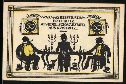 Notgeld Köstritz, 1921, 50 Pfennig, Silhouette von drei Männern mit Bierflaschen und Kerzenleuchtern