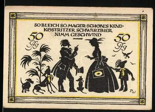 Notgeld Köstritz 1921, 50 Pfennig, Schwarzbier-Spruch und historische Figuren, Seriennummer 18819