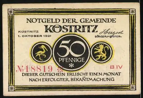 Notgeld Köstritz 1921, 50 Pfennig, Schwarzbier-Spruch und historische Figuren, Seriennummer 18819