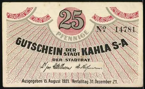 Notgeld Kahla, 1921, 25 Pfennig, Gutschein der Stadt Kahla S-A mit Porzellan-Motiv und Burgansicht