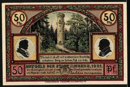 Notgeld Ilmenau 1921, 50 Pfennig, Iphigenie und Orest, Schwalbenturm und Goethe Porträts