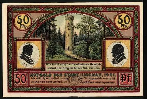 Notgeld Ilmenau, 1921, 50 Pfennig, Wanderers Nachtlied und Goetheturm mit Goethe-Porträts