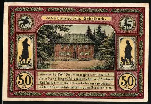 Notgeld Ilmenau, 1921, 50 Pf, Altes Jagdschloss Gabelbach und Turm auf dem Kickelhahn, Goethe Porträts