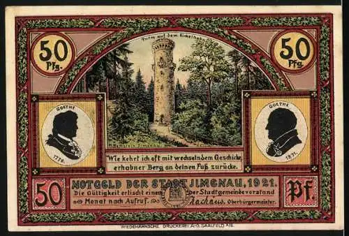 Notgeld Ilmenau, 1921, 50 Pf, Altes Jagdschloss Gabelbach und Turm auf dem Kickelhahn, Goethe Porträts