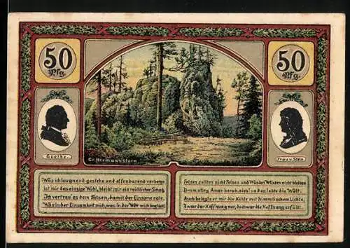 Notgeld Ilmenau, 1921, 50 Pfennig, Goethe und Frau Stein, Hermannstein und Turm auf dem Kickelhahn