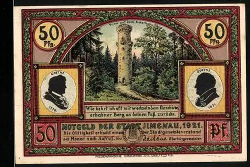 Notgeld Ilmenau, 1921, 50 Pfennig, Turm auf dem Kickelhahn und Marktplatz zu Ilmenau