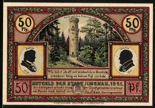 Notgeld Ilmenau 1921, 50 Pfennig, Goethe Silhouetten und Landschaftsszenen, Vorderseite mit Kunitzburg