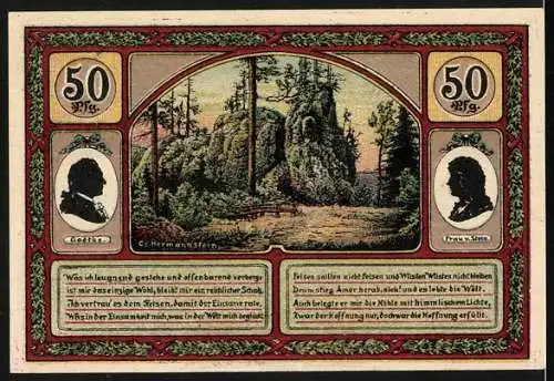 Notgeld Ilmenau 1921, 50 Pfennig, Goethe Silhouetten und Landschaftsszenen, Vorderseite mit Kunitzburg