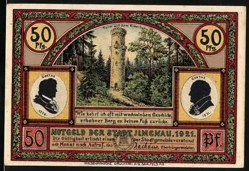 Notgeld Ilmenau 1921, 50 Pf, Turm auf dem Kickelhahn und Altes Jagdschloss Gabelbach