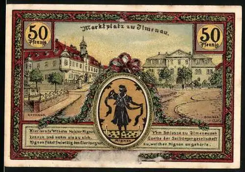 Notgeld Ilmenau, 1921, 50 Pfennig, Marktplatz und Turm auf dem Kickelhahn mit Goethe-Abbildungen