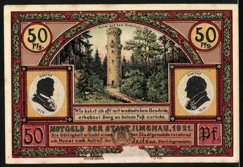 Notgeld Ilmenau, 1921, 50 Pfennig, Marktplatz und Turm auf dem Kickelhahn mit Goethe-Abbildungen