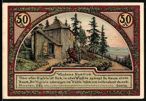 Notgeld Ilmenau, 1921, 50 Pfennig, Darstellung einer Hütte und eines Turms mit Goethe-Zitaten